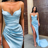 Vestidos de noche largos de satén azul cielo con escote corazón y sirena sexy con abertura alta